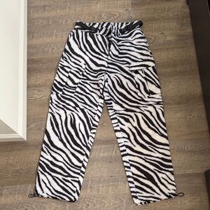 Zebra Print Drawstring Cargo Pants - Black & White